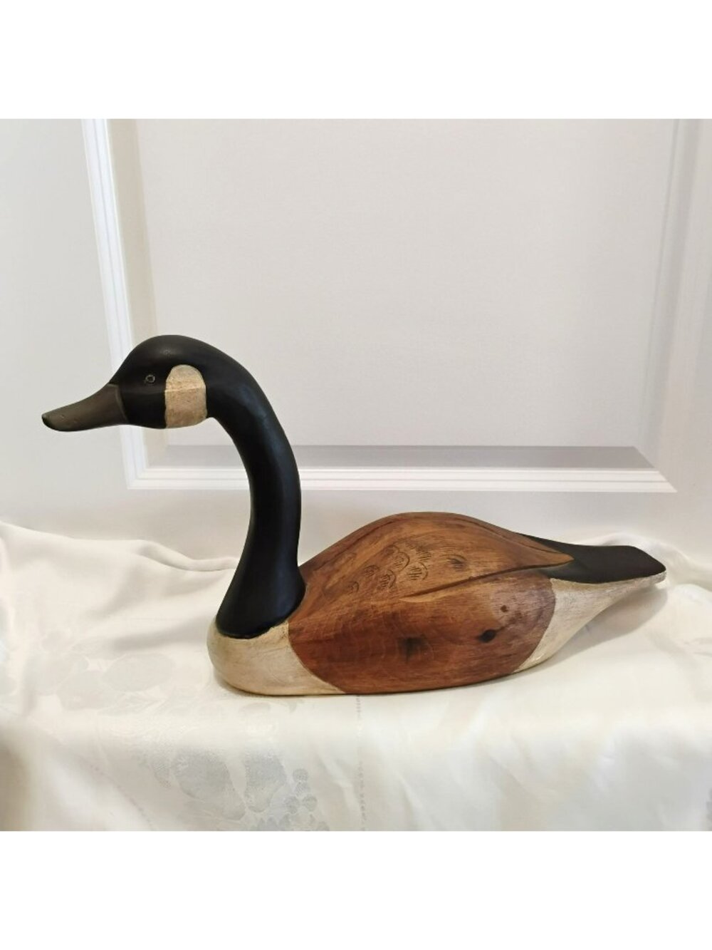 Vintage 22" Hand Carved Wooden Canada Goose Decoy 1987 Signed Rustic Cabin Decor